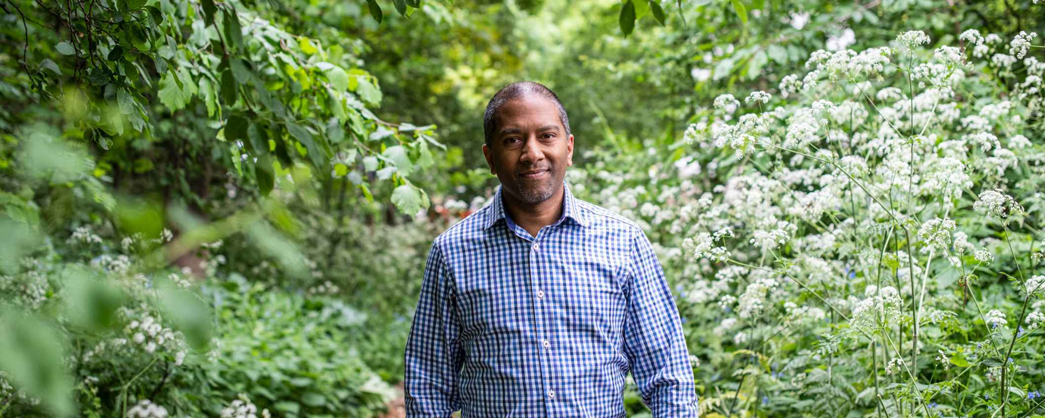 A photo of a man, Dylan, looking towards the camera, surrounded by green leaves and plants