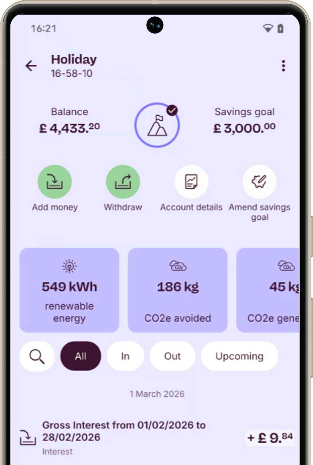 Triodos App screen showing balance, a savings goal set to £3000 for a holiday, and impact stats for co2 avoided and renewable energy created.