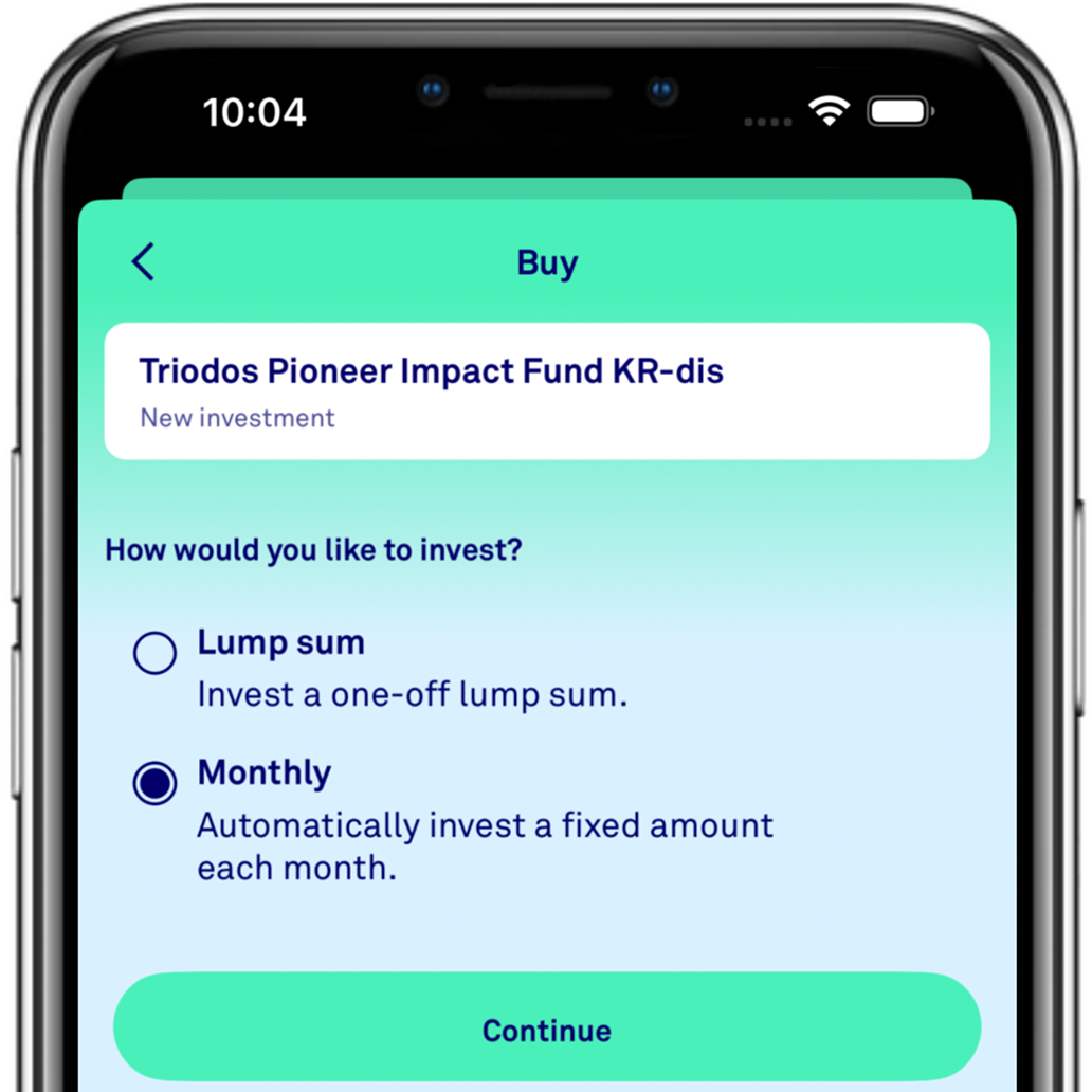Smartphone screenshot showing Triodos monthly investments option