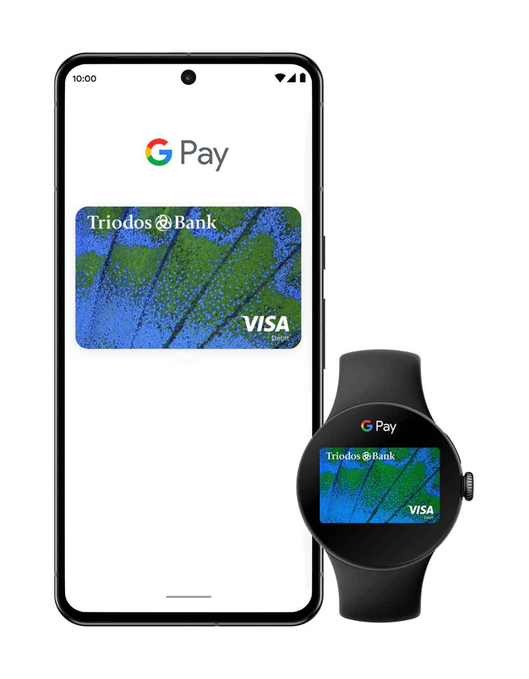 Pixel phone and smart watch showing the Triodos debit card