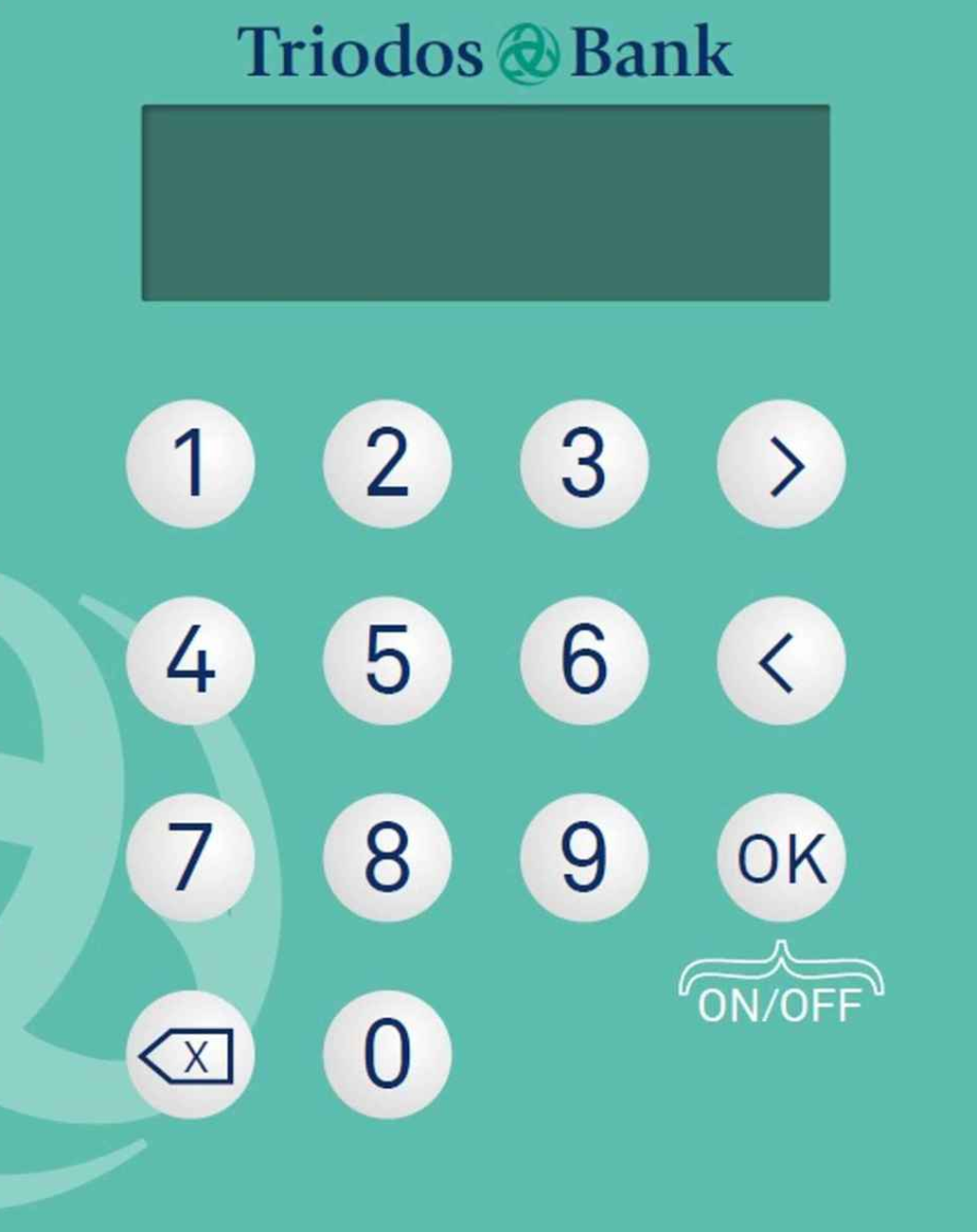 Green device with numbers 0-9 and Triodos logo, calculator-style screen, left and right buttons, backspace and OK (on/off button)