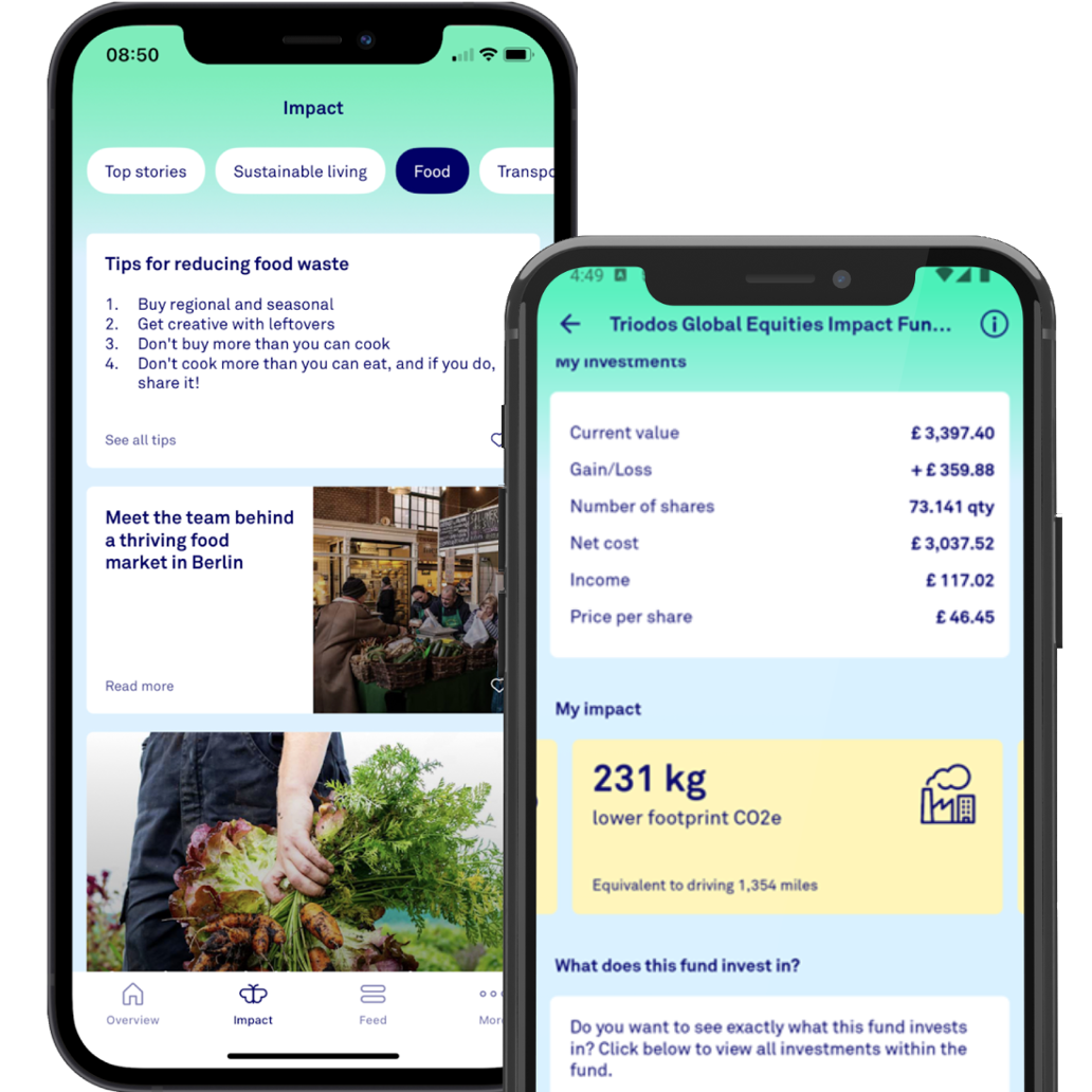 Triodos Mobile Banking App impact feed and lower CO2e footprint impact stat.