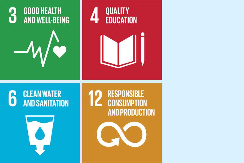 3. Good health and wellbeing 4. Quality education 6. Clean water and sanitation 12. Responsible consumption and production