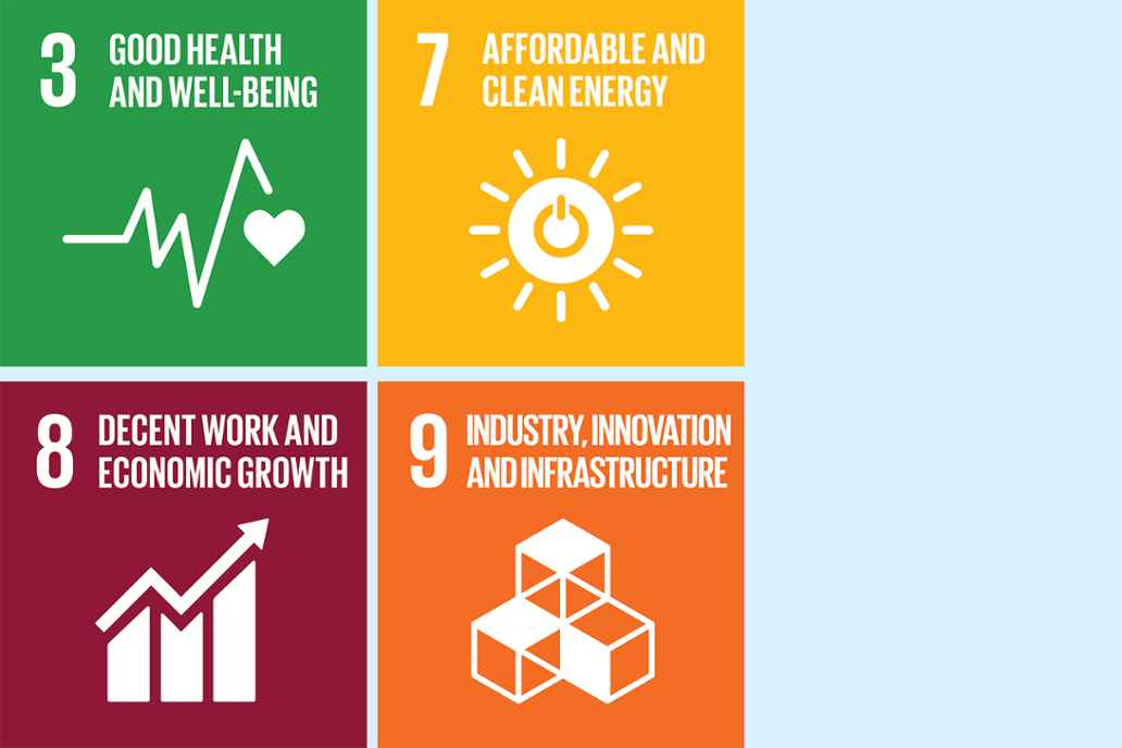 3. Good health and wellbeing 7. Afforable and clean energy 8. Decent work and economic growth 9. Industry, innovation and infostructure