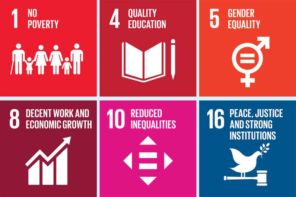 1. No poverty 4. Quality education 5. Gender equality 8. Decent work and economic growth 10. Reduced inequalities 16. Peace, justice and strong institutions
